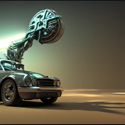 Image similar to mechanical greek hydra with cars as heads, cinematic, diffuse light, rendered in povray