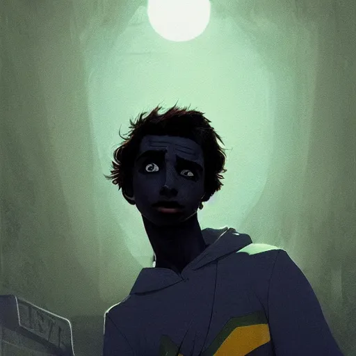 Image similar to portrait of thimotee chalamet as the night crawler, bleak and oppressive atmosphere, distress, mattepainting concept blizzard pixar maya engine on stylized background splash comics global illumination lighting artstation, sharp focus, lois van baarle, ilya kuvshinov, rossdraws