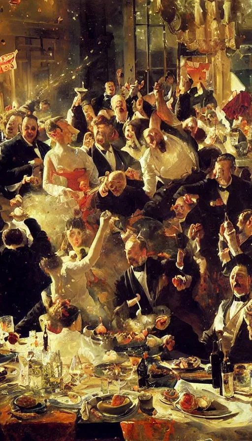 Image similar to still life painting of birthday party getting exploded by nuke, by Peder Krøyer, dramatic lighting, epic, gargantuan, intricate detail, canvas print