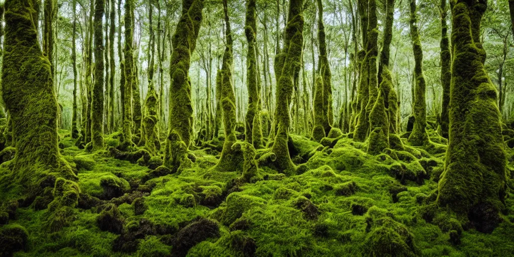 Image similar to photo of a landscape with lush forest, wallpaper, very very wide shot, iceland, new zeeland, green flush moss, national geographic, award landscape photography, professional landscape photography, ancient forest, sunny, day time, beautiful