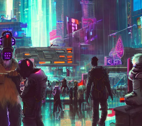 Image similar to high - resolution photograph from a cyberpunk era furry fandom convention ( midwest furfest 2 0 4 7 ), taking place after the genetic revolution and quantum singularity. photorealistic.