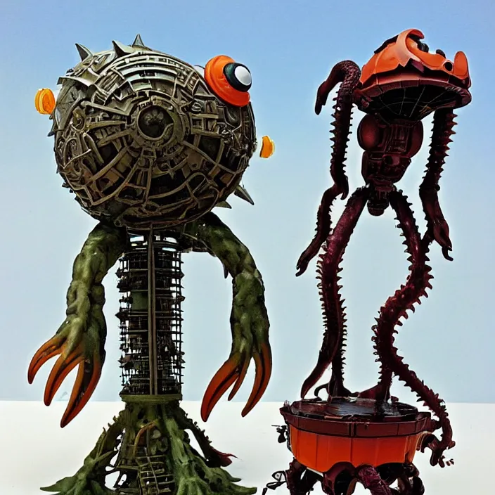 Image similar to A Lovecraftian giant mechanized adorable miniature creatures from Studio Ghibli Howl's sunbath on the beach tower (2004) as a 1980's Kenner style action figure, , full body, 4k, highly detailed. award winning sci-fi. look at all that detail!
