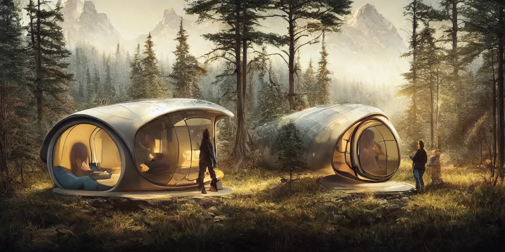 Image similar to cabela's beautiful comfortable futuristic pop up insulated all terrain family pod, cabin, modular, person in foreground, mountainous forested wilderness open fields, beautiful views, painterly concept art, joanna gaines, environmental concept art, farmhouse, magnolia, concept art illustration by ross tran, by james gurney, by craig mullins, by greg rutkowski trending on artstation