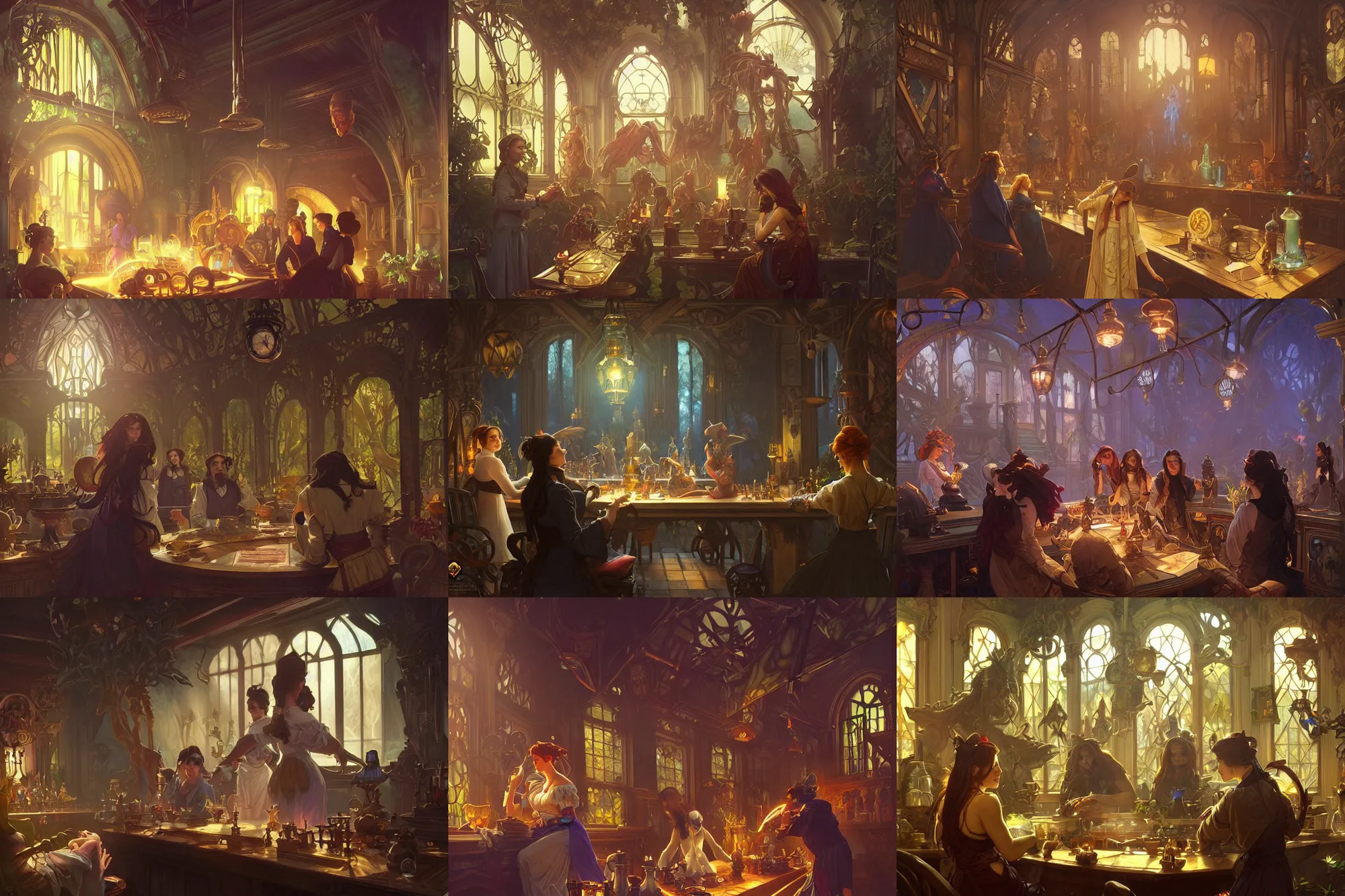 Prompt: a hyperrealistic render of a magical laboratory in the victorian era, outdoor, art by Artgerm and Greg Rutkowski and Alphonse Mucha, hearthstone art style, epic fantasty card game art, Beautiful dynamic dramatic moody lighting, shadows, cinematic, Octane, 8K