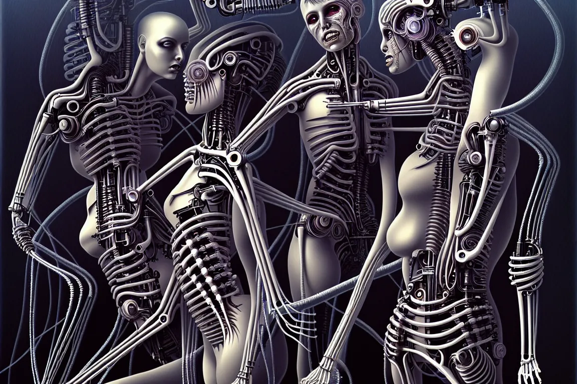 Prompt: A nightmarish dreamscape of two interconnected biomechanical android woman with surreal physiology, high details, surrealism, monochromatic airbrush painting, style of H. R. Giger