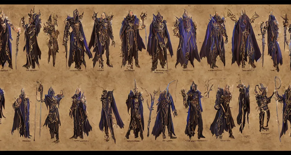 Image similar to A full color character sheet with front, back and side views of an evil Sorcerer n ornamental robes with glowing runes on fabric, holding a tall glowing ornate intricate magical staff, video game concept art by Wizards of the Coast, Magic The Gathering, Blizzard, Games Workshop, Greg Rutkowski, Craig Mullins, WETA, Elder Scrolls.