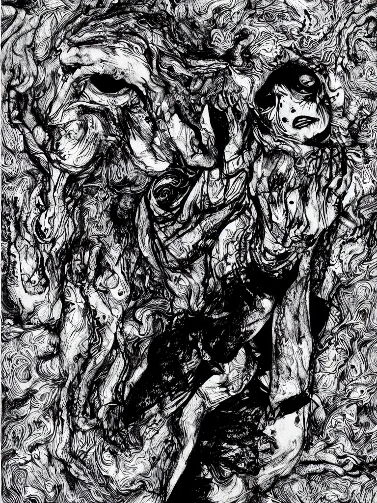 Image similar to black and white illustration creative design junji ito body horror