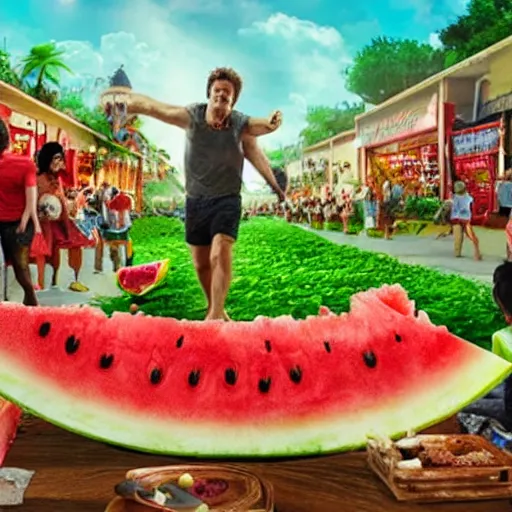 Image similar to a giant watermelon rampage town , movie scene