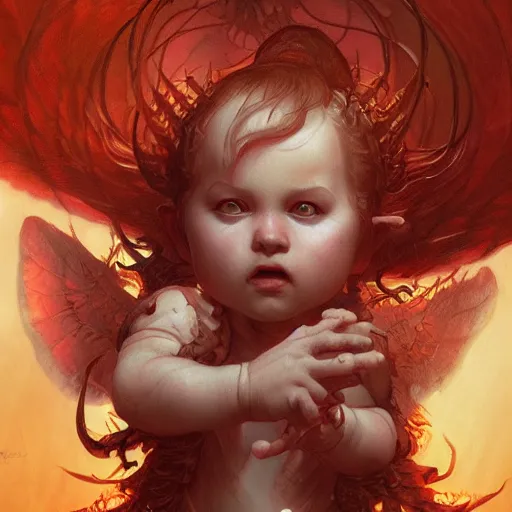 Image similar to cute baby demon in hell, intricate, highly detailed, digital painting, artstation, concept art, smooth, sharp focus, illustration, Unreal Engine 5, 8K, art by artgerm and greg rutkowski and alphonse mucha