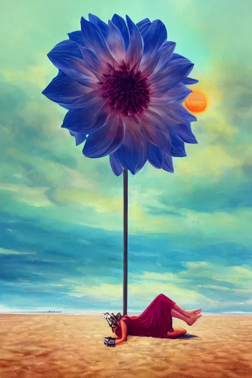 Prompt: closeup giant dahlia flower head, girl laying on beach, surreal photography, blue sky, sunrise, dramatic light, impressionist painting, digital painting, artstation, simon stalenhag