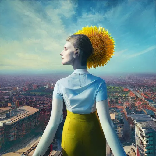 Prompt: huge daisy flower as head, woman in suit, standing in modern window in luxury apartment, surreal photography, sunlight, impressionist painting, digital painting, artstation, simon stalenhag