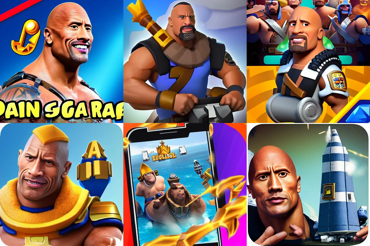 Prompt: Dwayne Johnson riding a rocket from clash royale