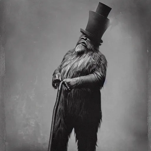 Image similar to a vintage wet plate portrait of a dignified bigfoot with a top hat and cane, extremely detailed, by angus mcbean!!!!!!!!!!!!!!!!!!