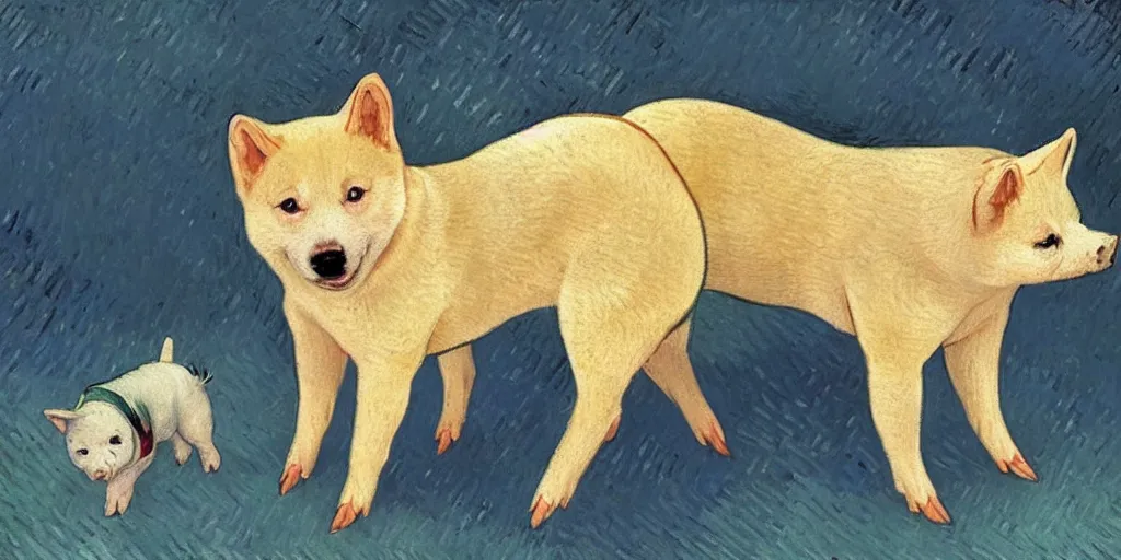 Image similar to pig and white shiba inu mix ， by vincent van gogh