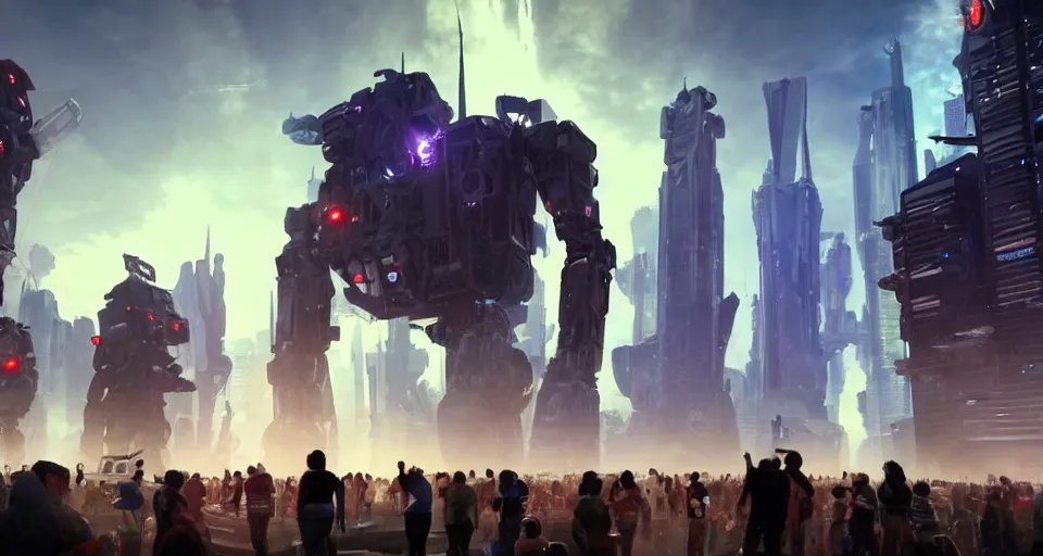 Image similar to a photo of an enormous mech towering over a crowd of astronauts in a futuristic city in the background, ultra realistic, hyper - detailed, unreal engine, raytraced lighting, colorful accents