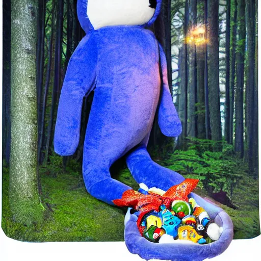 Image similar to demonic blue'snappy gifts'human - sized plush doll, in magical forest, holding gift, dark atmosphere, high detail, soft lighting, 8 k