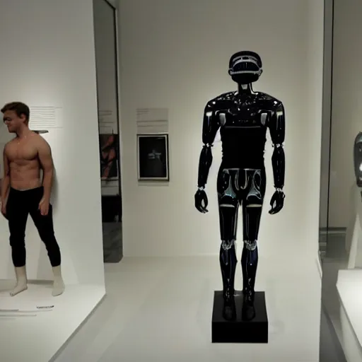Image similar to “a realistic detailed photo of a guy who is an attractive humanoid who is half robot and half humanoid, who is a male android, British diver Chris Mears, shiny skin, posing like a statue, blank stare, at the museum, on display”