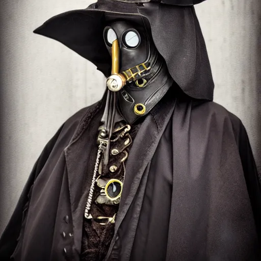 Image similar to The Plague doctor, steampunk style, studio portrait photo, 50mm lens