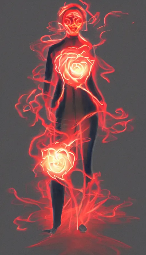 Prompt: Woman made of black flames, wearing a strict business suit, with no face, with glowing red eyes, with a red halo over her head, with red halo glowing out of her wrists, looking off to the side, growing out of a giant rose, rose petals flying in the wind, fantasy, tragic, tense, digital painting, artstation, indieground, concept art, sharp focus, by Annie Swynnerton and Nicholas Roerich, madness combat, strong dramatic cinematic lighting , blood red sky, grey skin, smooth, sharp focus, extremely detailed, illustration, Godmachine, alphonse mucha''