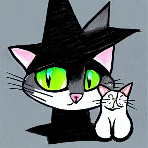 Image similar to drawing of a cat using witch hat. cartoon. cute. anime style.