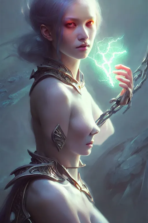 Image similar to beautiful necromancer girl, angels, wonderful eyes, three - dimensional rendering, hyperrealistic detailed portrait holding light and electricity, ruan jia, clap. scifi, fantasy, magic the gathering, over - detailed, octane rendering, concept art by artgerm, peter murbacher, detailed and complex environment