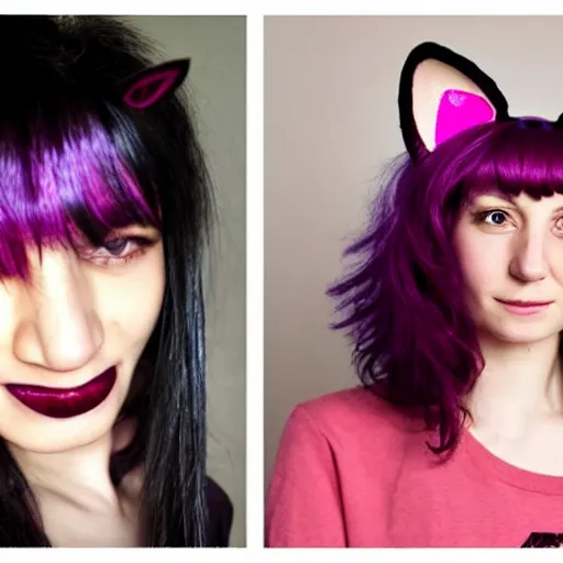 Prompt: photo of a young woman with messy medium-length magenta hair and cat ears