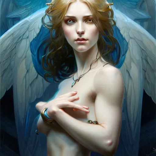 Image similar to Portrait of female fallen angel, D&D, blue eyes, face, fantasy, intricate, elegant, highly detailed, digital painting, artstation, concept art, smooth, sharp focus, illustration, art by artgerm and greg rutkowski and alphonse mucha