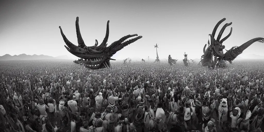 Image similar to wide angle view of a giant xenomorph in a crowd of people dancing at Burning Man in the desert at night, hd 35mm photography, big clouds, cinematic