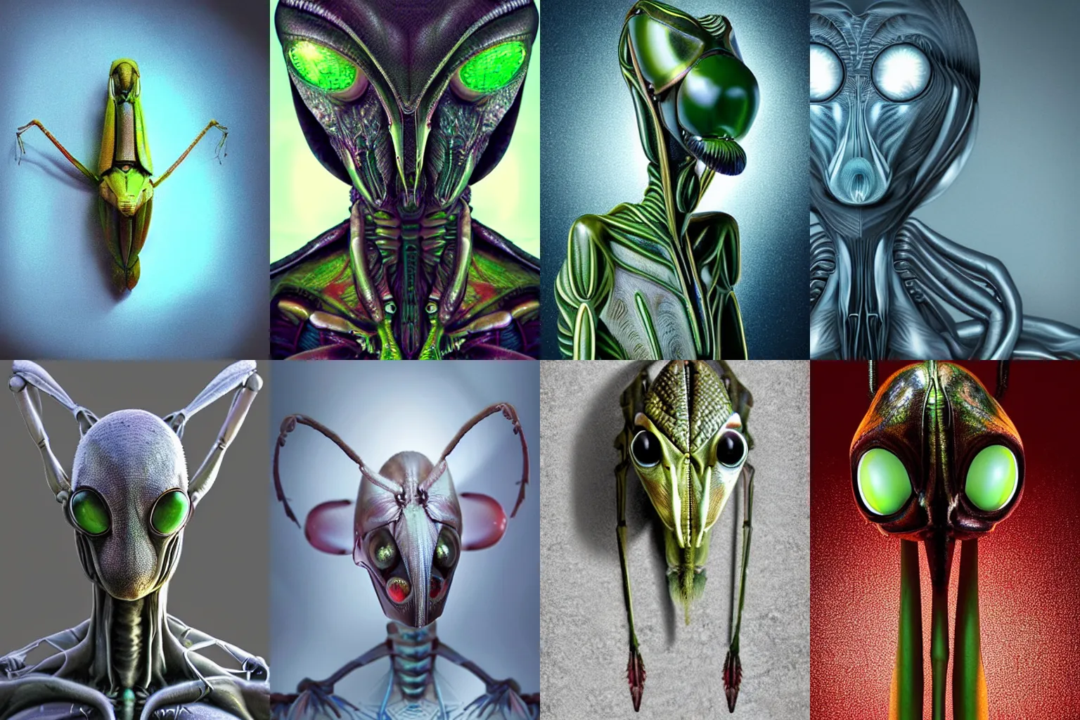 Prompt: organic alien in the form of mantis head, fullbody, hyperrealism, realistic photo, ultra detailed, surreal, heavy, otherworldly technology, symmetrical front, dramatic lights, frightening, awesome, sight