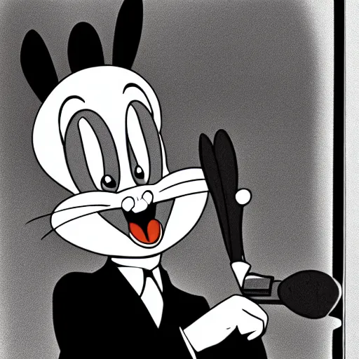 Image similar to bugs bunny in 1 9 3 0 s film noir movie, black and white, film stock