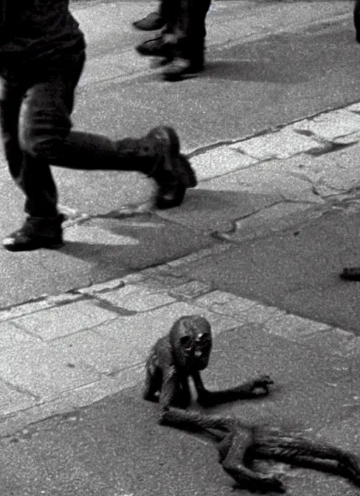 Prompt: disturbing security cam footage of a human monster walking on the street horror practical fx by david cronenberg