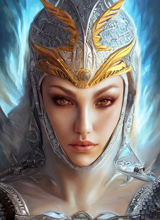 Prompt: a highly detailed symmetrical painting of a female model fantasy warrior with piercing beautiful eyes, trending art by artgerm and karol bak and mark brooks