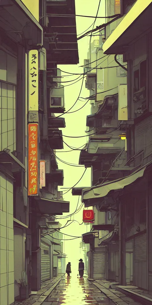 Image similar to tokyo alleyway, rainy day, scooter, by cory loftis, makoto shinkai, hasui kawase, james gilleard, beautiful, serene, peaceful, lonely, golden curve composition