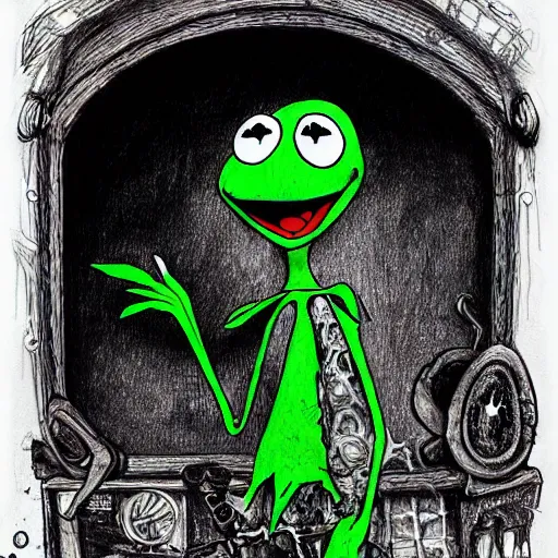 Image similar to michael karcz punk grunge cartoon drawing of kermit the frog. , in the style of corpse bride, loony toons style, horror themed, detailed, elegant, intricate