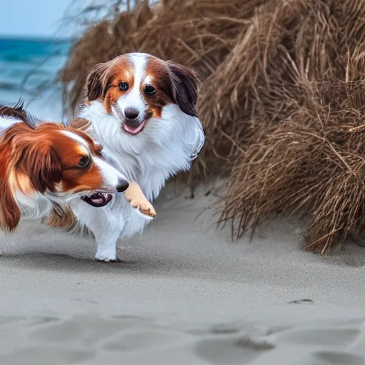 Prompt: two kooikerhondje dogs dancing in the beach, 4k, high quality, beautiful