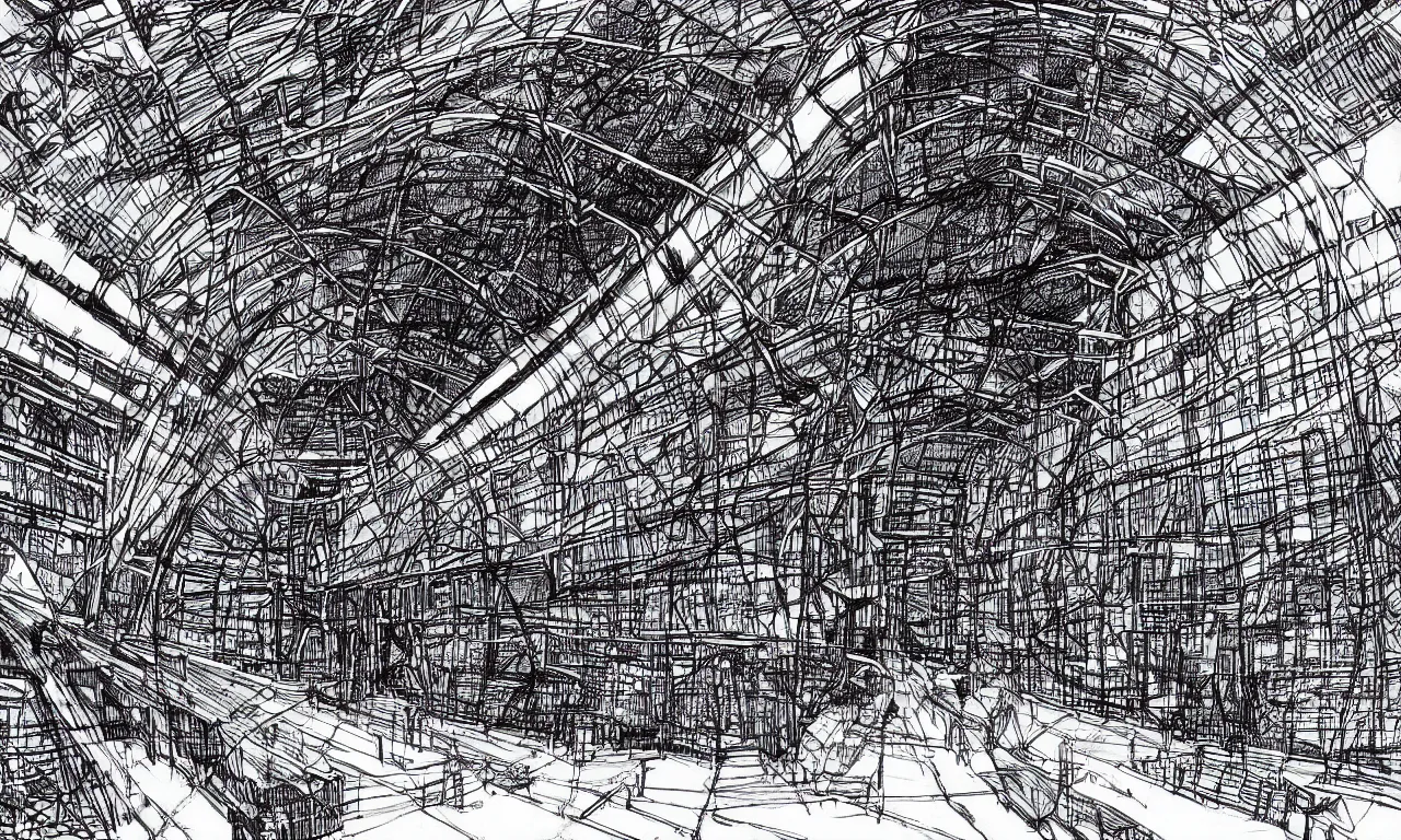 Image similar to dark glowing cargo hall and corridors of huge space ship halls cages with strange animals detailed black ball pen drawing