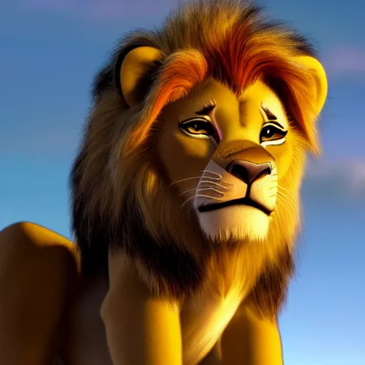 Image similar to close up of the lion king, cinematographic shot, cartoon