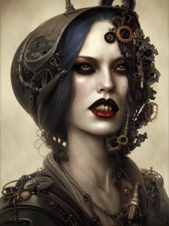 Image similar to a steampunk portrait of a hideous woman with shadowy eyes and bonewhite hair, with black glossy lips, hyperrealistic, award-winning, in the style of Tom Bagshaw, Cedric Peyravernay, Peter Mohrbacher