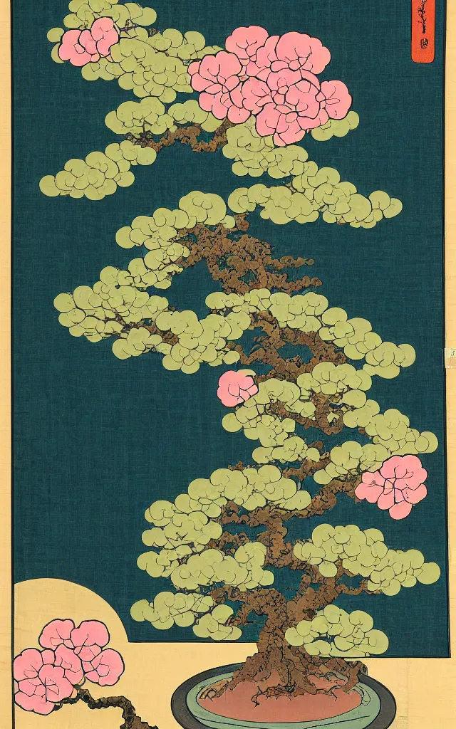 Image similar to an ukiyo-e banner depicting a bonsai tree inside a light bulb. The bonsai tree is on the base of the bulb. The bonsai tree has pink flowers on them.