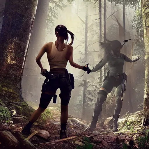 Image similar to photo of lara croft being arrested by cops in a forest, 8 k, by greg rutkowski, artgerm,