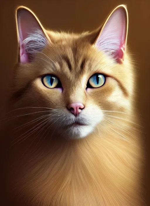 Prompt: a beautiful portrait, golden background, gorgeous fantasy cat, professionally retouched, soft lighting, realistic, smooth face, gorgeous blue eyes, long white hair, cute ears, wide angle, sharp focus on the eyes, 8 k high definition, insanely detailed, intricate, elegant, gorgeous, art by artgerm and wlop