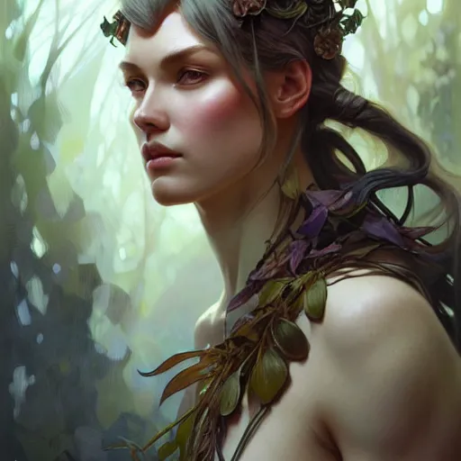 Image similar to portrait of forest gog, female, clear face, masculine, full body, muscular, fantasy, intricate, elegant, highly detailed, digital painting, artstation, concept art, matte, sharp focus, illustration, art by artgerm and greg rutkowski and alphonse mucha