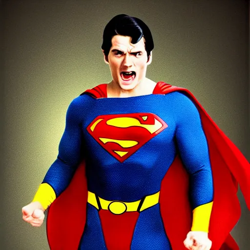 Prompt: Superman >yelling<<<< screaming! , body swelling about to explode, distress, mania, freaking out, insane, panic, breakdown