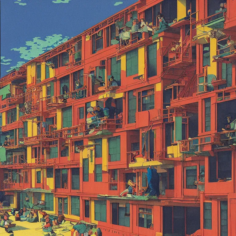 Prompt: workers exploited, living in hostels with bunk beds stacked on top of one another, by kawase hasui, moebius and edward hopper, colorful flat surreal design, hd, 8 k, artstation