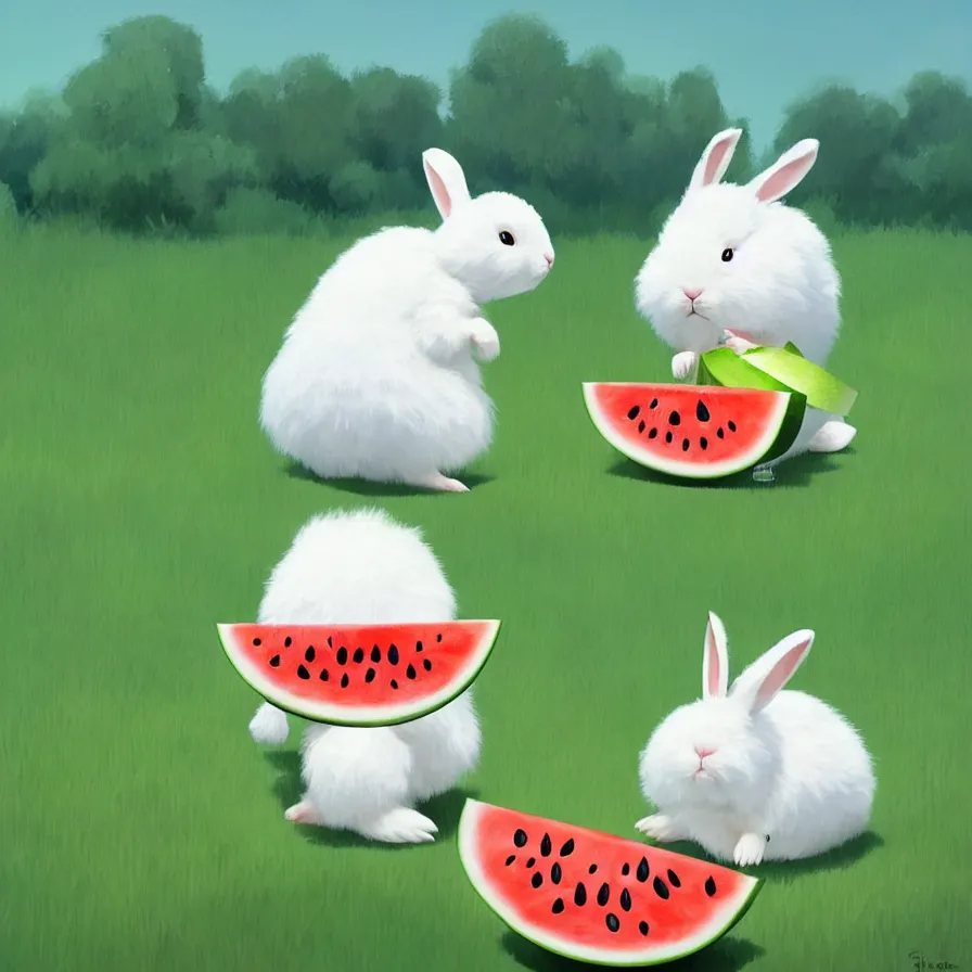 Image similar to Goro Fujita illustrating a cute white fluffy bunny with big ears eating a big watermelon in a forest, art by Goro Fujita, sharp focus, highly detailed, ArtStation
