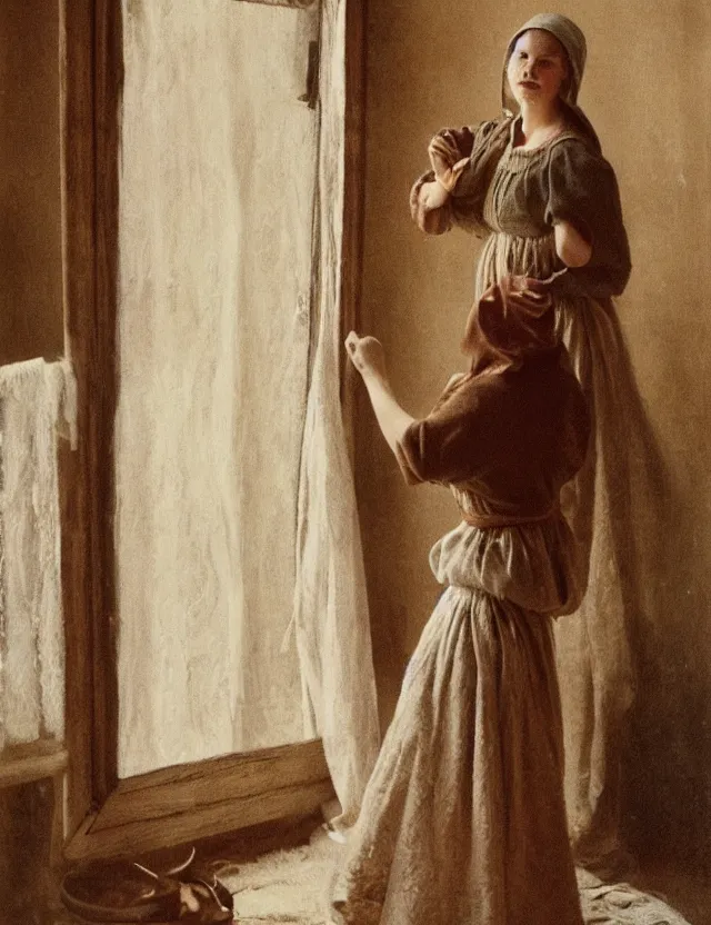 Prompt: peasant trying dress in front of a mirror, on a village, Cinematic focus, Polaroid photo, vintage, neutral colors, soft lights, foggy, by Steve Hanks, by Serov Valentin, by lisa yuskavage, by Andrei Tarkovsky 8k render, detailed, oil on canvas