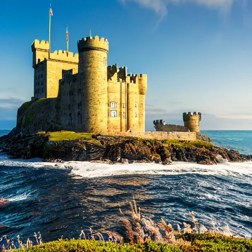 Prompt: photorealistic photograph of a castle with the ocean behind by suzi eszterhas, photorealism, photorealistic, realism, real, highly detailed, ultra detailed, detailed, f / 2. 8 l canon ef is lens, canon eos - 1 d mark ii, wildlife photographer of the year, pulitzer prize for photography, 8 k