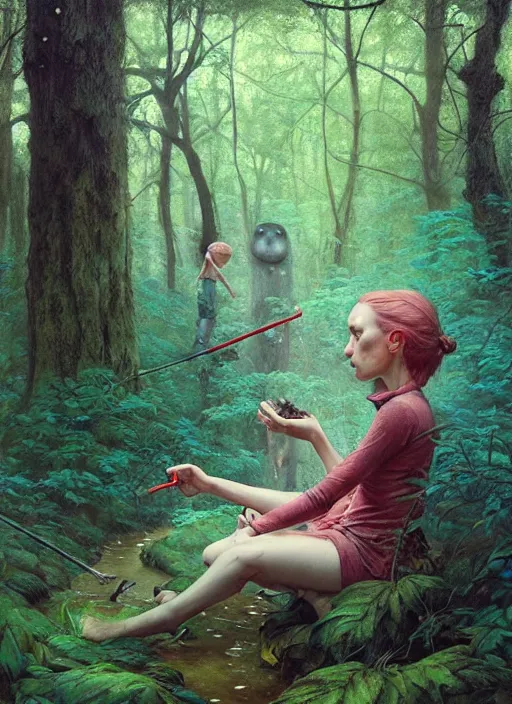 Image similar to bubblegum in the woods by a stream, river gorgeous lighting, lush forest foliage blue sky a hyper realistic painting by chiara bautista and beksinski and norman rockwell and greg rutkowski, tom bagshaw weta studio, and lucasfilm