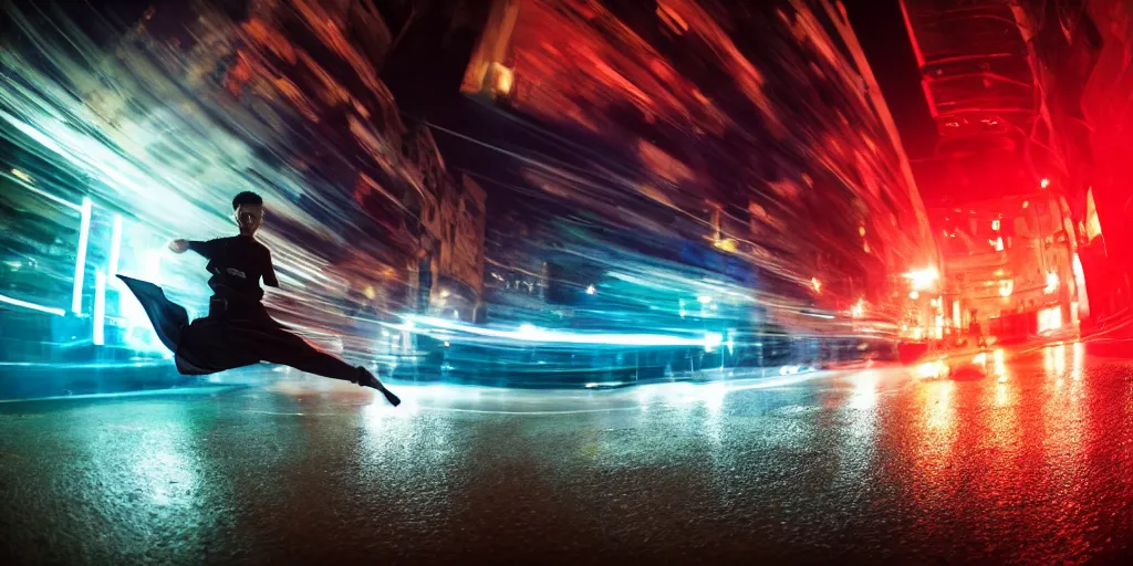 Image similar to fisheye lens slow motion with trail effect of futuristic break dancer wearing floating long dress with neon lights, long exposure shot , at night in the middle of a rainy wet street, paddle of water, steam, fog, water splashes, rim lights, glossy reflections, water droplets on lens, octane render, dark and dramatic, fire explosions in the background, detailed and soft, fisheye lens, smooth, sharp focus, illustration, art by artgerm and greg rutkowski and Annie Leibovitz, graphic glitches