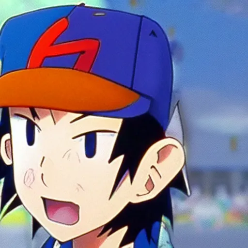 Prompt: ash ketchum smiling in the anime pokemon ( 1 9 9 7 )